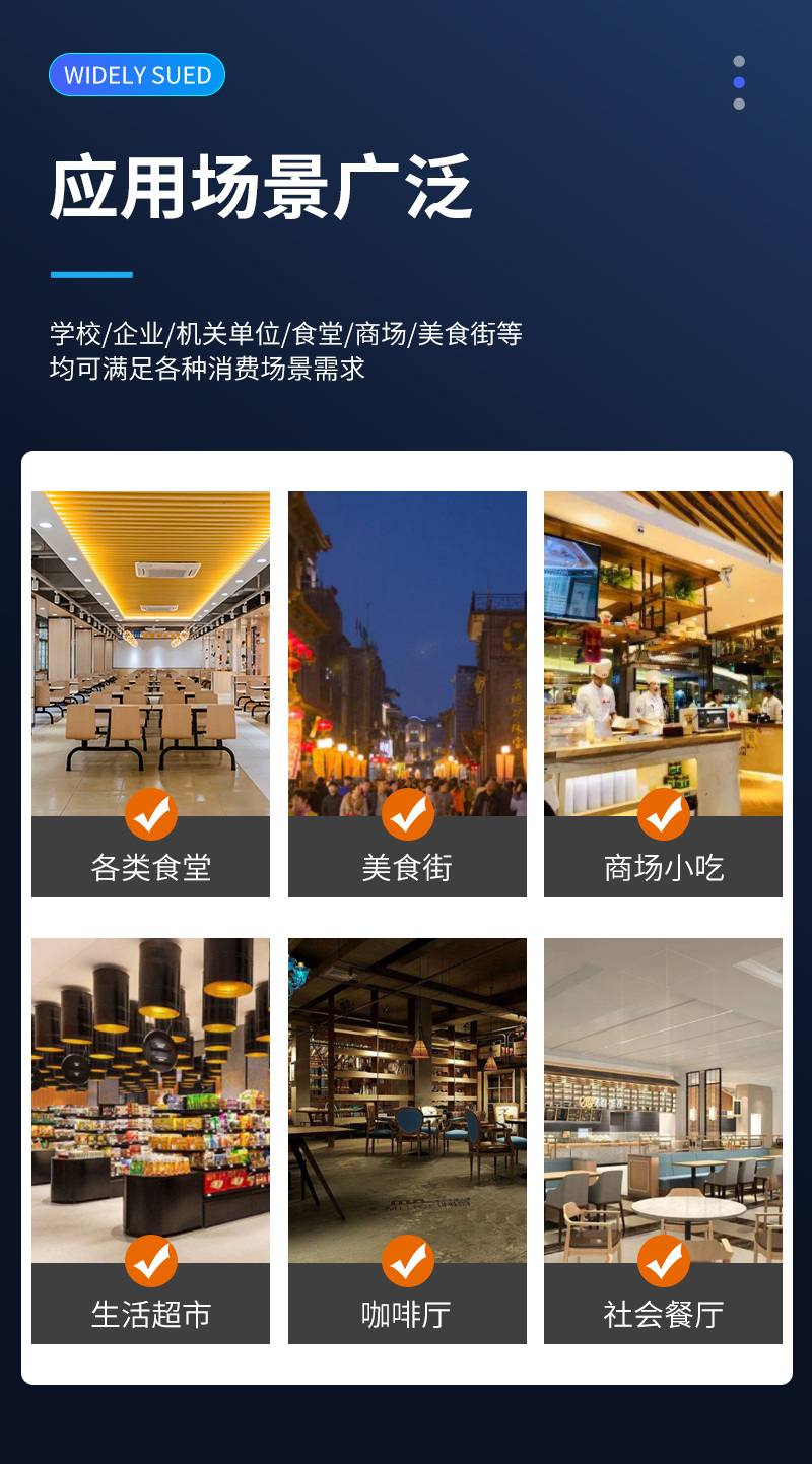 應用場景廣泛,學校、企業、機關單位、食堂、商場、美食街等,均可滿足各類消費場景需求