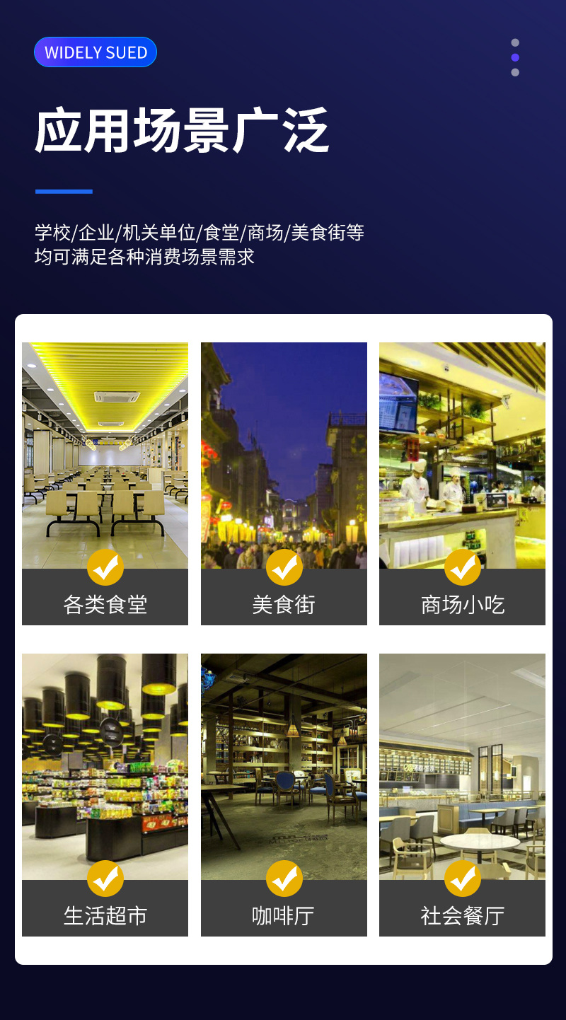 適用多種消費場景，食堂、美食街、商場、超市、餐廳